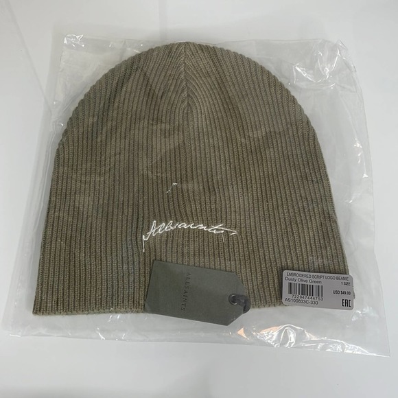 All Saints Embroidered Script Logo Beanie Olive Green - Picture 2 of 4